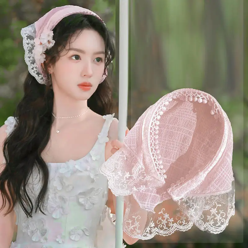 

Summer Lace Triangle Headscarf Woman Polka Dot Lace Square Scarf Sweet Turban Cap Sunscreen Headwrap Hair Hoop Girl Court Bonnet
