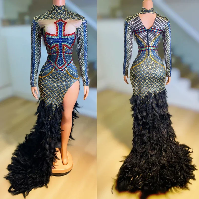 Vestido de diamantes de imitación de colores para mujer, traje de fiesta de noche, traje de escenario de piel negra