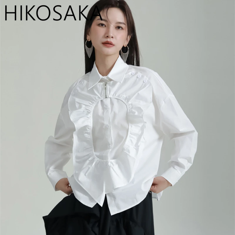 Heart-shaped Ruffles Patchwork Irregular Shirts Turn-down Collar Single Breasted Long Sleeve Blouse 2024 Fall Casual Solid Blusa