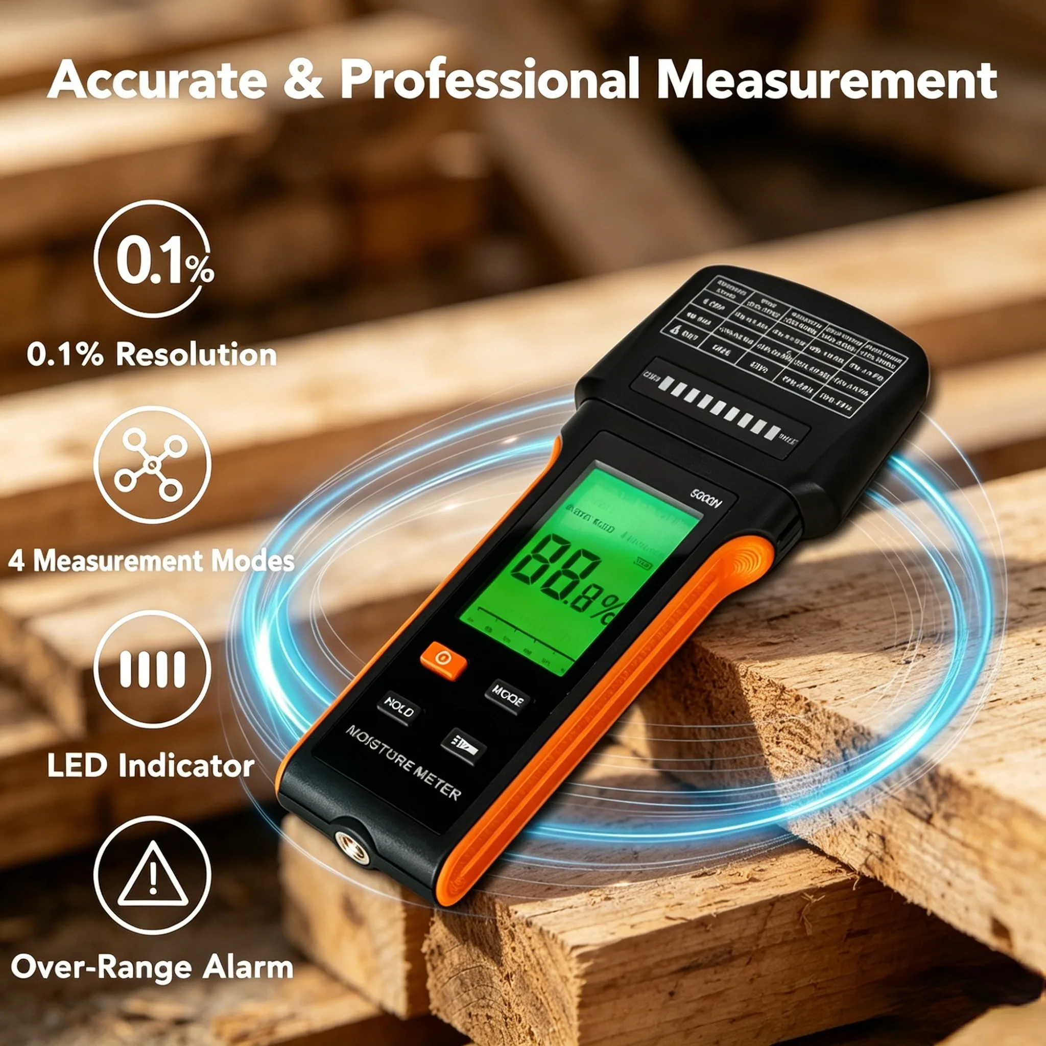 Pinless Moisture Meter for Wood Wall Masonry Non-Destructive Damp Tester with LED Bar Graph Backlit LCD for Building Inspection