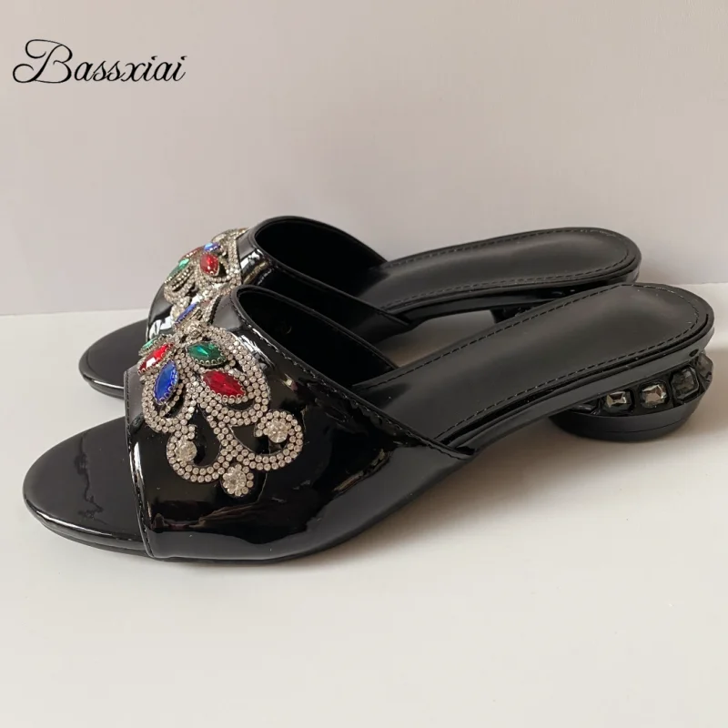 

Retro Style Rhinestone Decor Slingback Sandals - Black Crystal Heel Summer Shoes for Girls Unique Women's Footwear