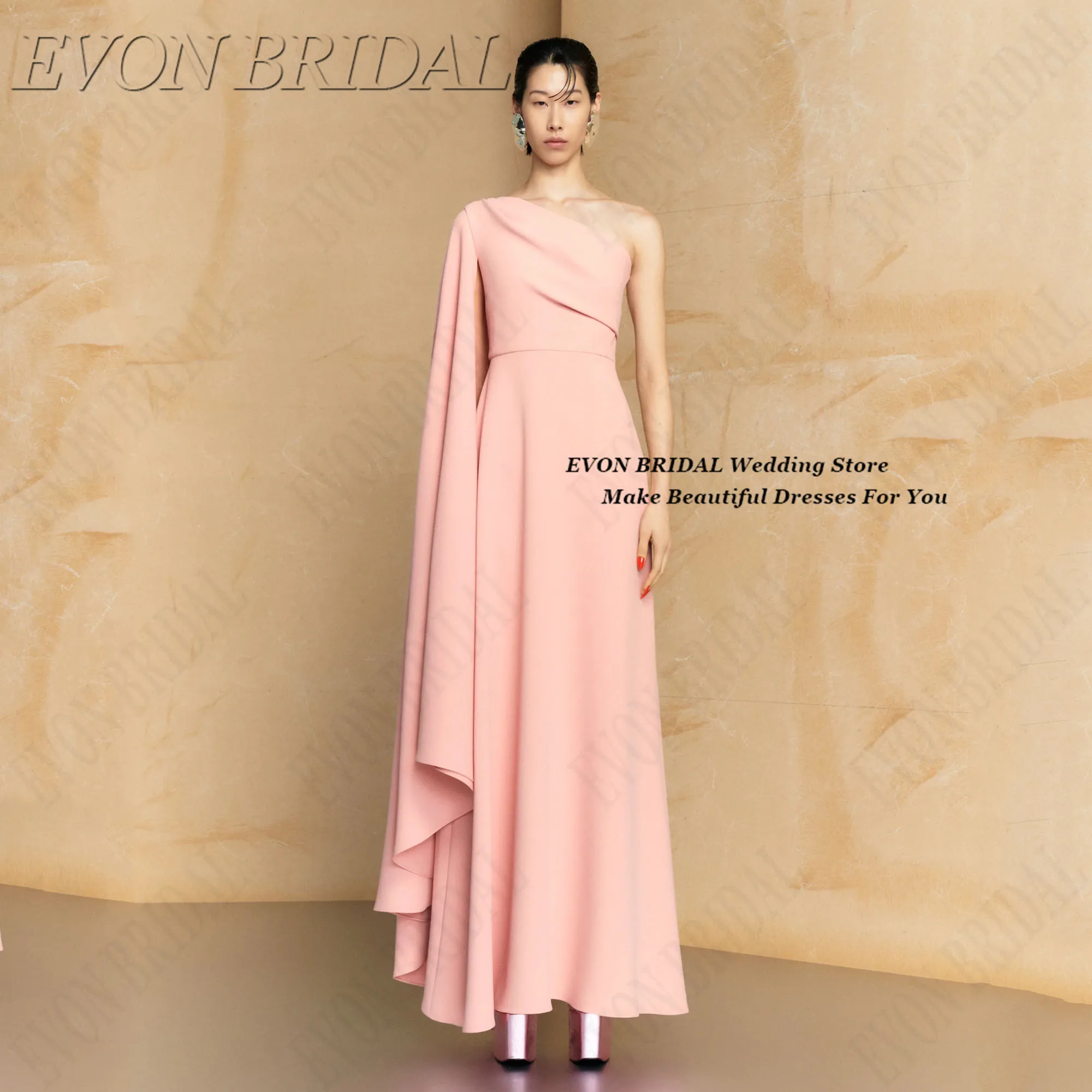 

Women’s Single Shoulder Pink Evening Gown Elegant Prom Dress With Draped Cape Sleeve Formal Party Dress EVON BRIDAL Customized