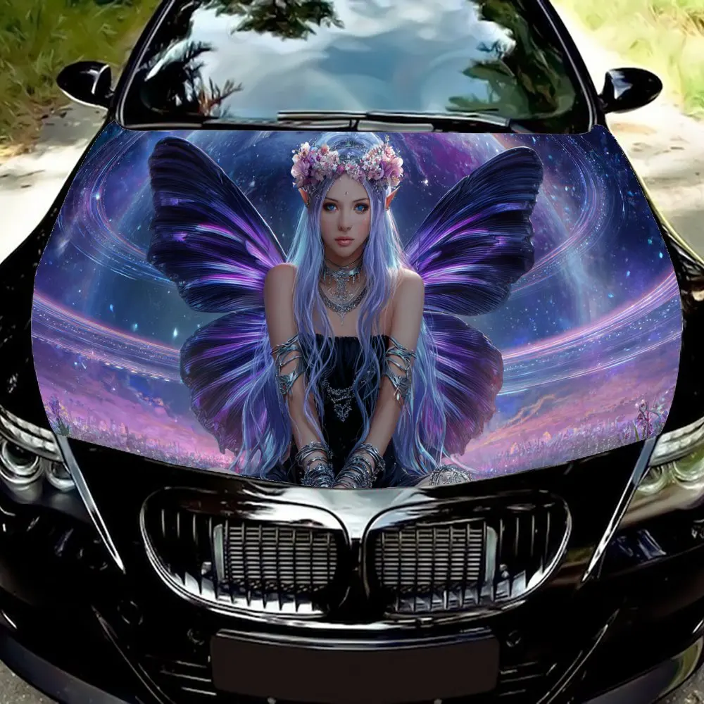

Purple Butterfly Fairy and the Vast Starry Sky Car Vinyl Wrap, PVC Waterproof Car Hood Sticker, Self-Adhesive Scratch-Resistant