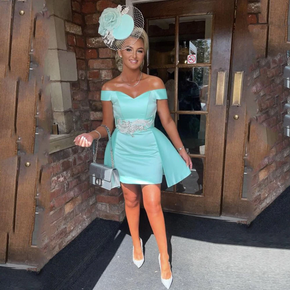 

Mini Short Cocktail Dress Sheath Mint Cocktail Gown for Women Off The Shoulder Appliques Beading Holiday Party Gown