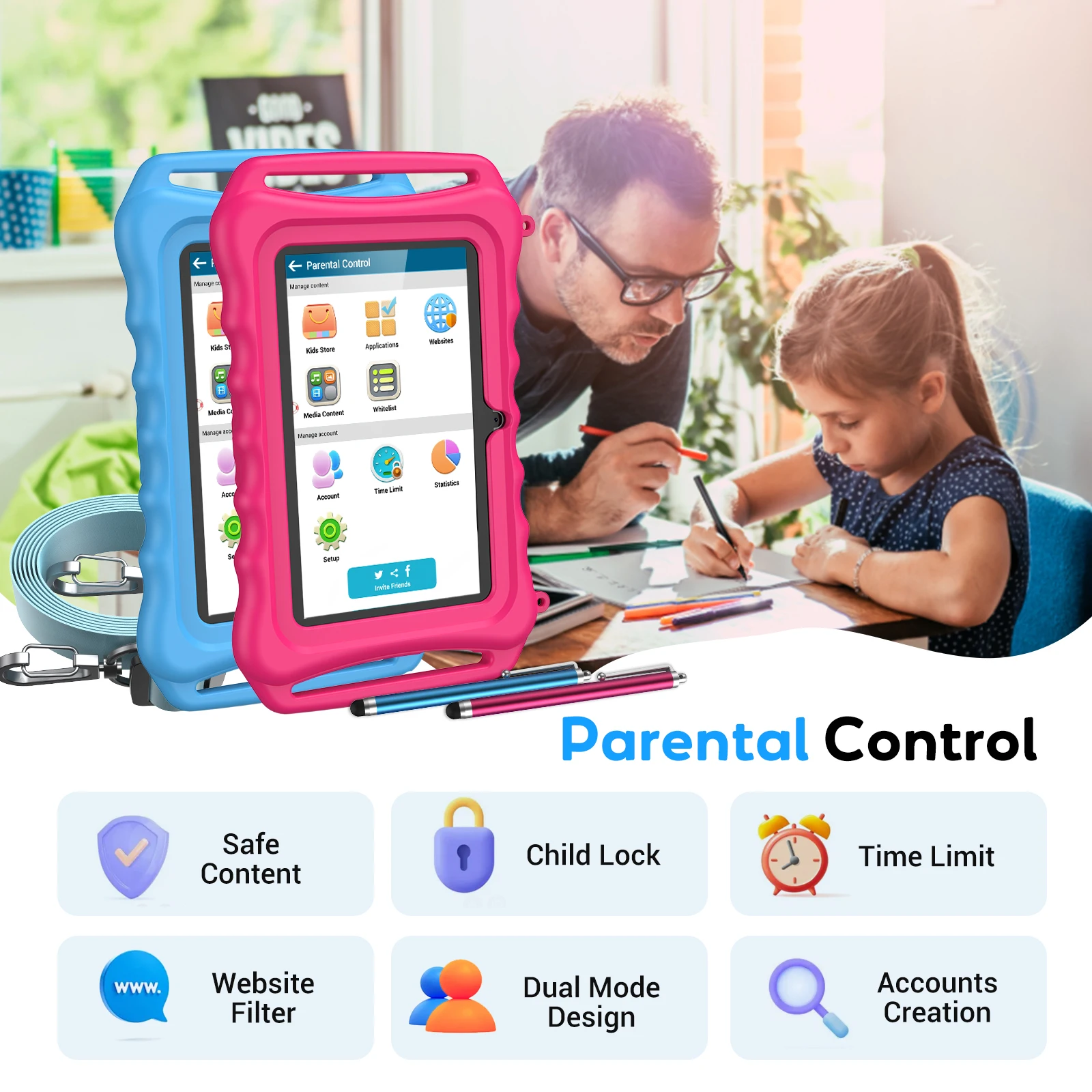 XGODY 7 Inch Android Tablet For Kids Tablets For Children Study Education 3GB Bluetooth WiFi With Touch Pen Protective Case Gift