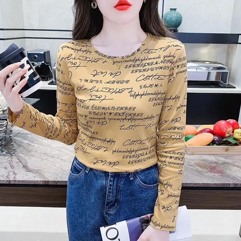 Women\'s Clothing Spring Autumn Crew Neck Letter Contrast Color Printing Pullover Long Sleeve T-shirt Sweet Casual Elegant Tops