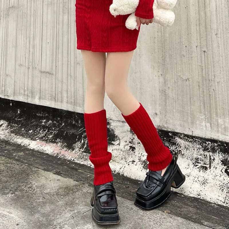 Lolita Leg Warmers Women Long Socks Lady Christmas Red Sweet Knitted Leg Covers Y2K Autumn Winter Crochet Heap Socks Boot Cuffs