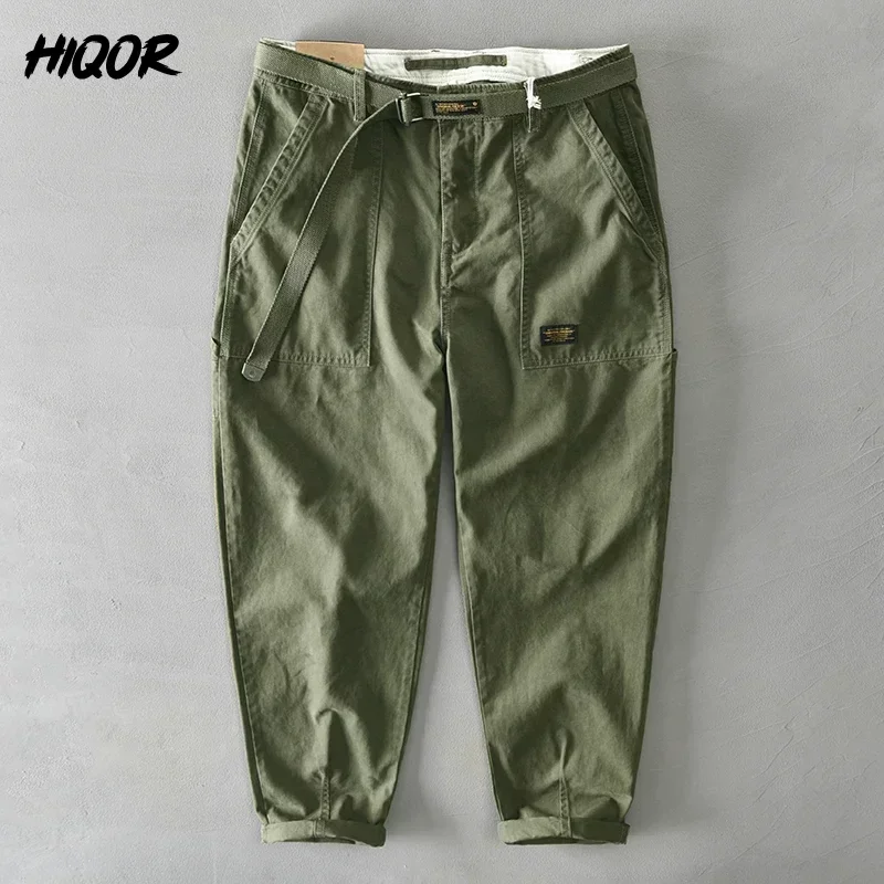 HIQOR Brand Men's 100% Cotton Casual Pants 2024 Spring Men Fashion Metal Belt Buckle Cargo Pants Hip Hop Trouser Man Pant 28-38