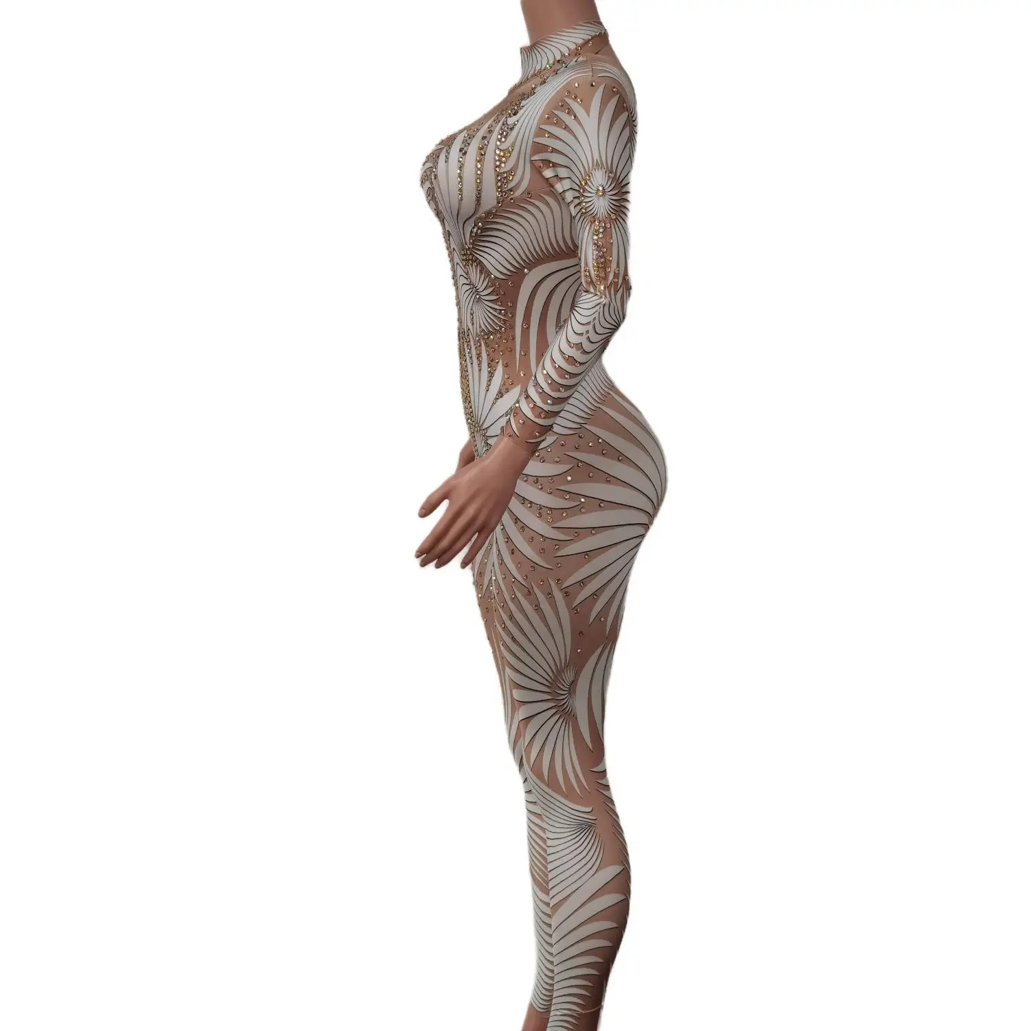 여성 긴 소매 점프 슈트 우아한 럭셔리 투명한 성능 섹시한 무대 생일 점프 슈트 럭셔리 가수 클럽 Feibiao