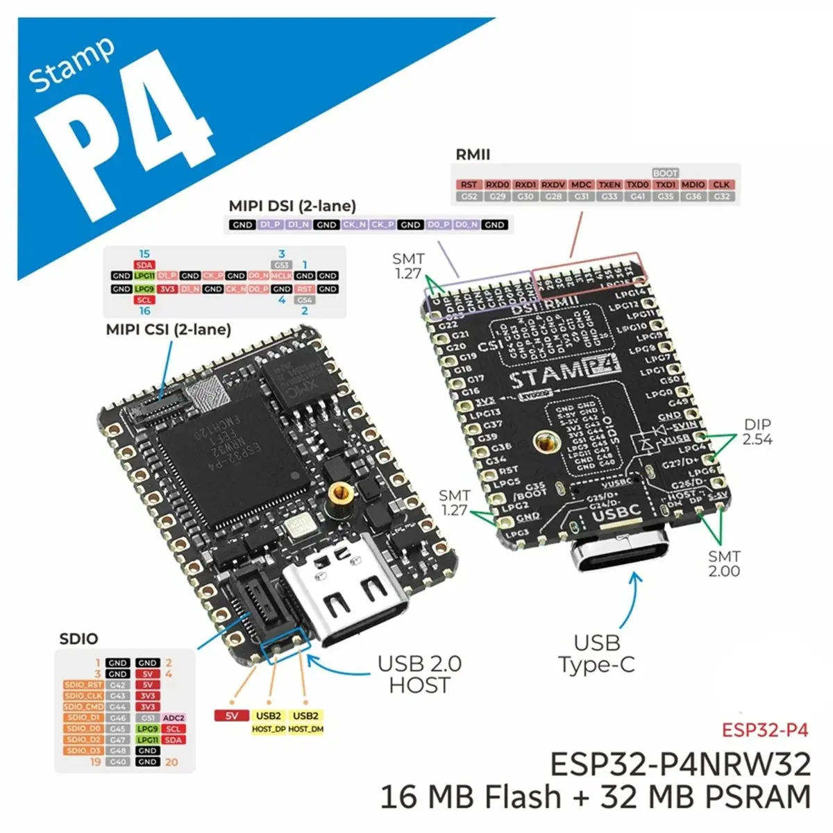 ABAN M5 Stamp-P4 High-Performance IoT Core Module SMT/DIP 16 MB Flash+32 MB PSRAM with ESP32P4 Core Controller