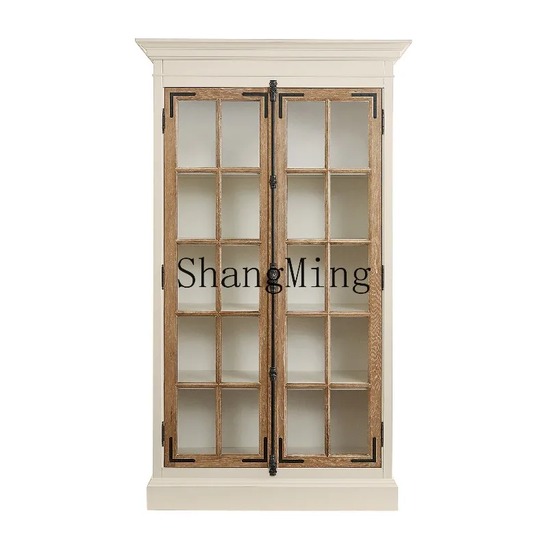 

ZJH retro solid wood bookcase glass door dustproof storage contrasting color design display cabinet integrated bookcase