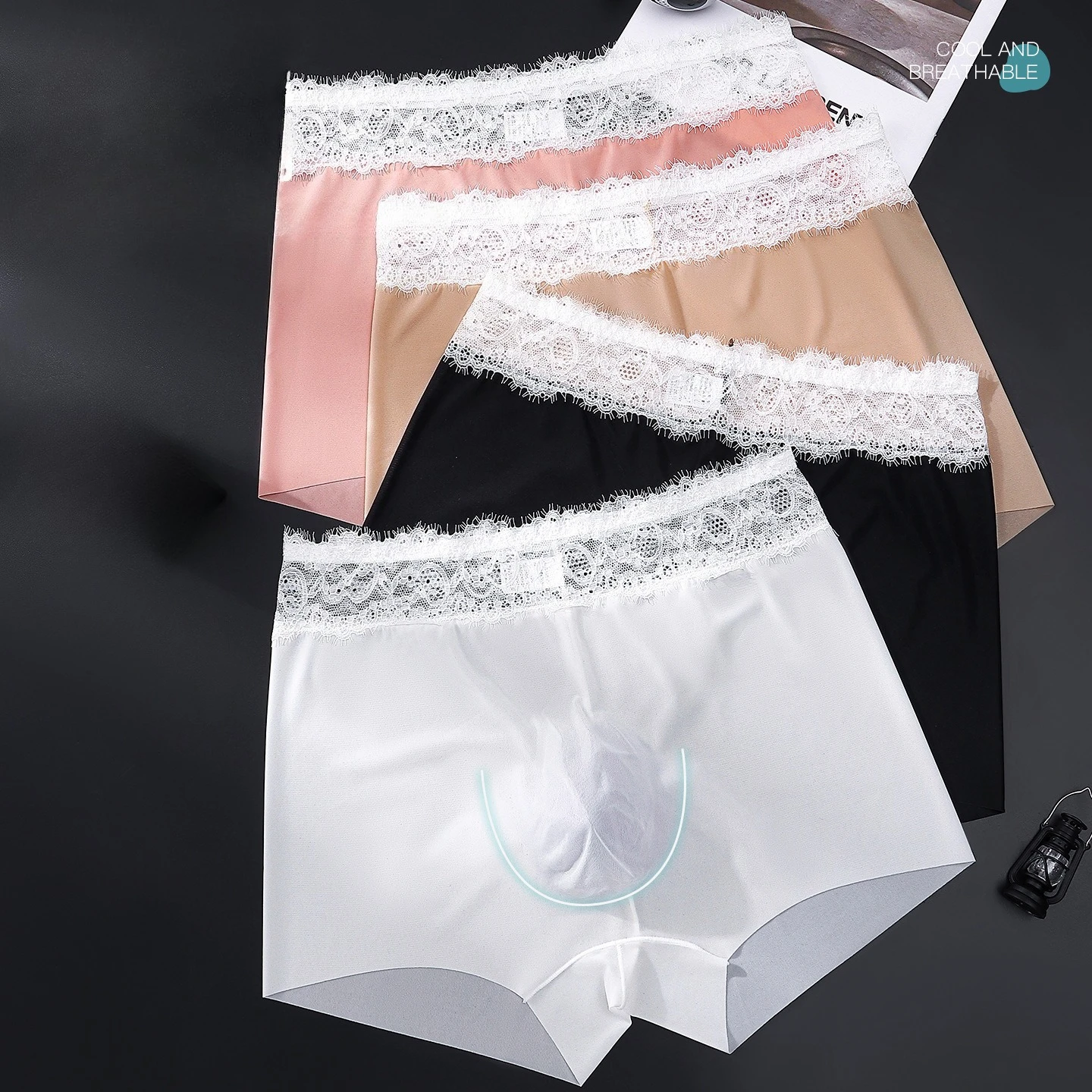 New Summer Men Ice Silk Seamless Breathable Lace Trim Edge Thin Lightweight Pouch Shape Boxer Briefs Boxers Underwear Clothes