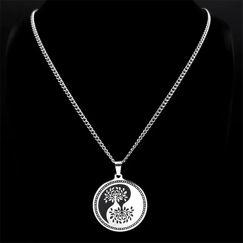 Nordic Vikings Style Black and White Tai Chi Life Tree Stainless Steel Necklace UNISEX Mysterious Guardian Necklace