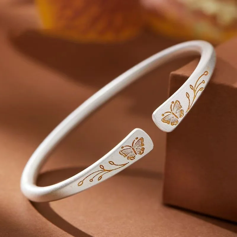 Retro Matte Ancient Craft Silver Bangle Gilded Butterfly & Twig Pattern Open Cuff Oriental Fashion Jewelry For Her