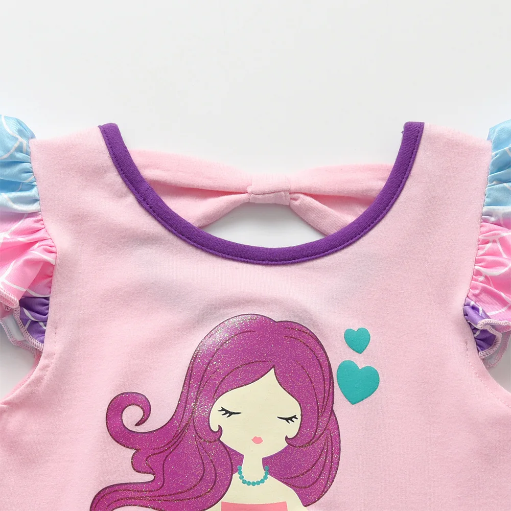 VIKITA Girls Mermaid Print Cartoon T Shirt Kids O Neck Flare Sleeve Cotton Casual Tops and Tees Girls Pink Daily School Clothes