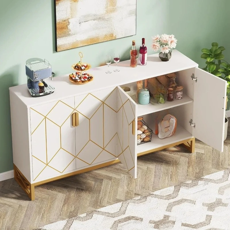 Buffet Cabinet with 2-Tier Storage, 59 inches Sideboard with 4 Doors, Modern Wood and Metal Storage Cabinet for Kitchen