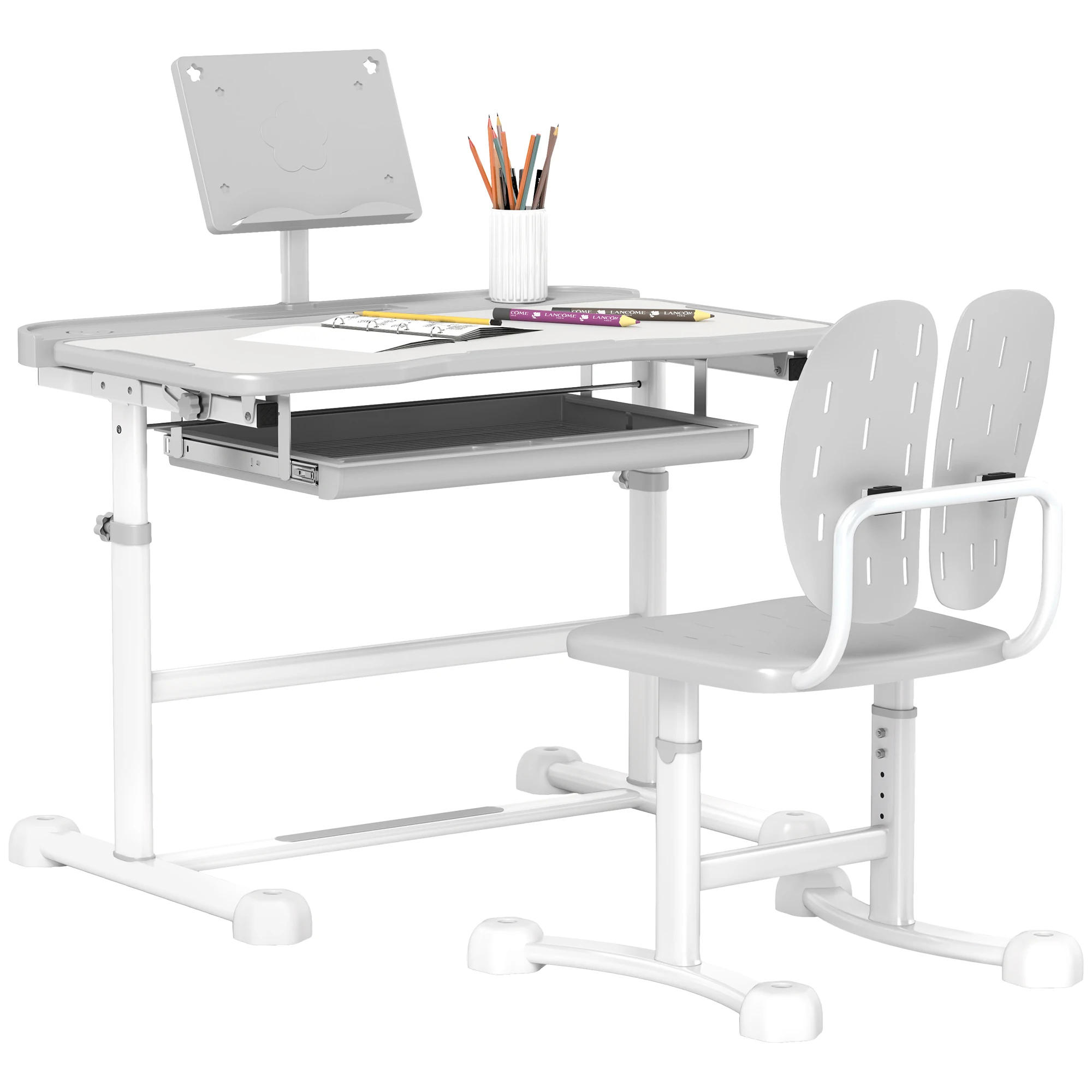 Bureau Enfant Inclinable Avec Chaise - Ensemble Bureau Et Chaise Réglable - Support De Lecture, Rangements - Gris Blanc