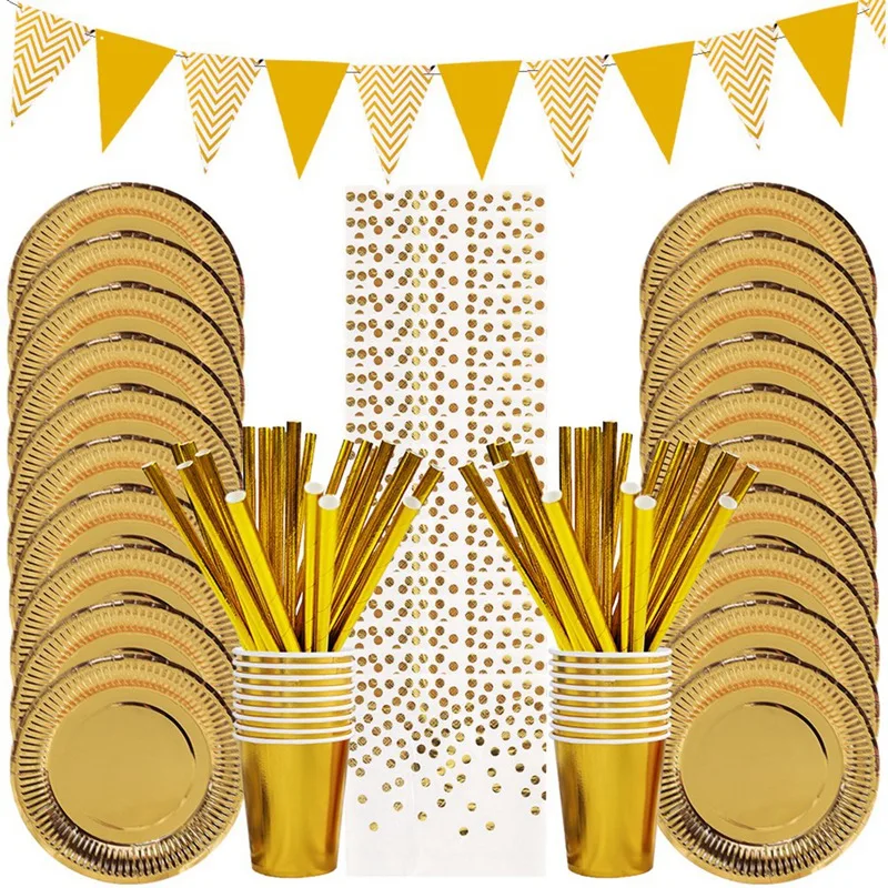 Premium Gold Paper Tableware Set For Party Decoration, Featuring Plates, Cups, Napkins For Birthday And Bachelorette Events