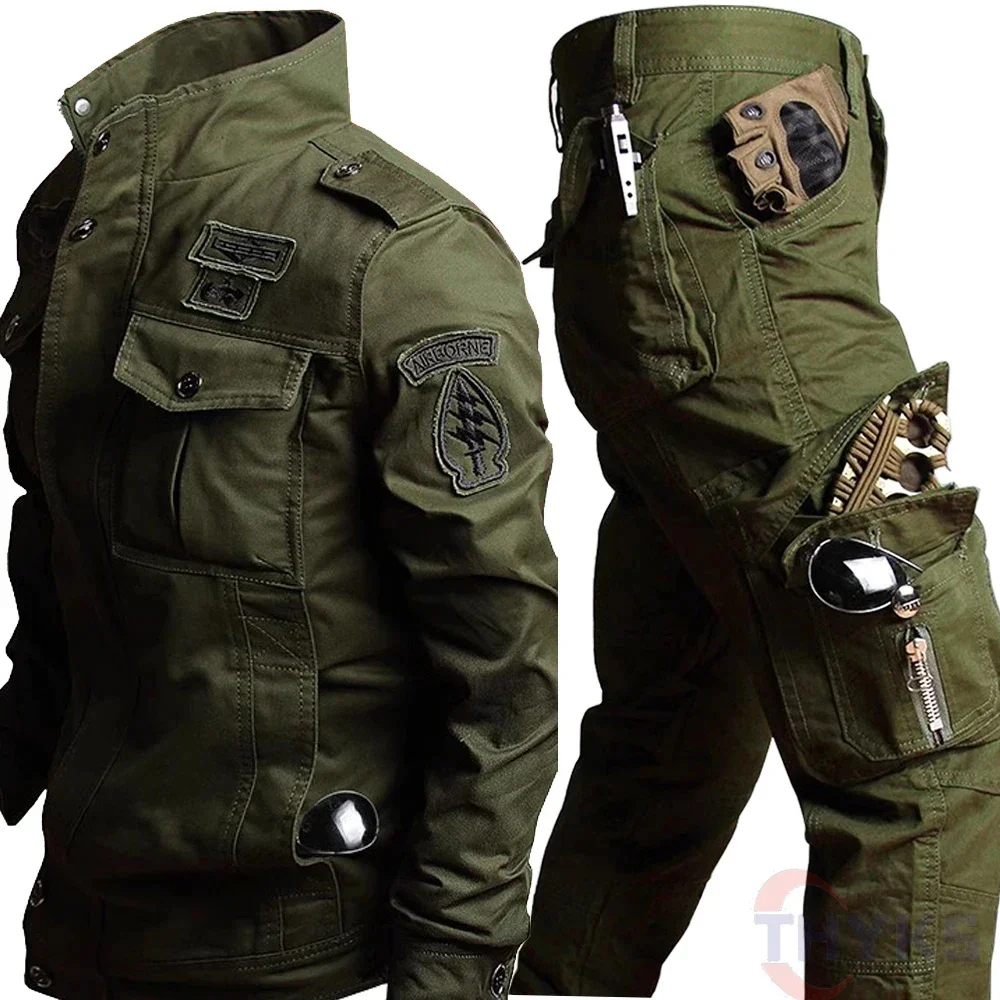 100% Cotton Flight Jacket Pants Set Men Tactical Suit Outdoor Military Work Wear Winter Fleece Airborne Army 6XL Multi Pockets