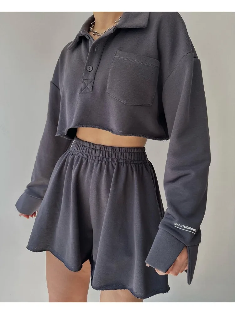 Y2k Streetwear Shorts Set Two-piece Suit Long Sleeve Crop Tops Shorts High Waisted Sweatshirt Student Harajuku Women Clothing