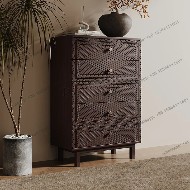 

Medieval solid wood chest of drawers creative engraving retro home storage small side cabinet