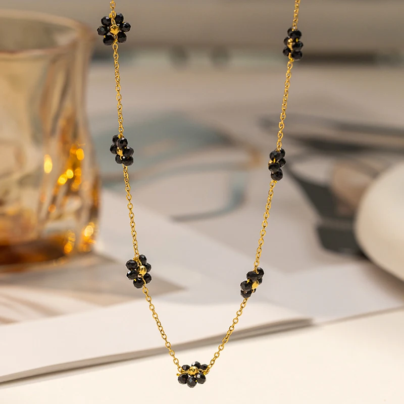 ANENJERY 316L Edelstahl Schwarz Weiß Blume Halskette Armband Für Frauen Halsband Persönlichkeit Schmuck Geschenke Großhandel