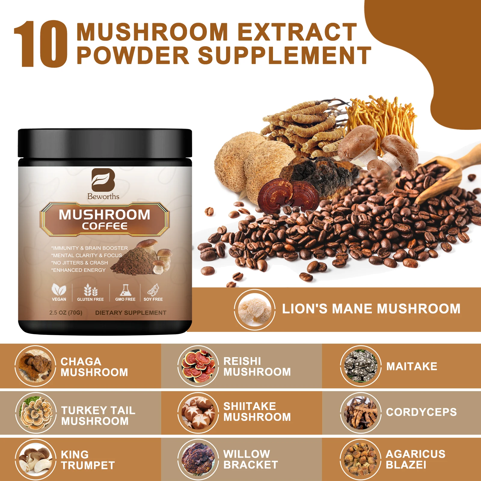 Beworths Reishi Mushroom Coffee Supplement for Energy &Concentration Support Brain Health Boost Memory and Cognitive Clarity