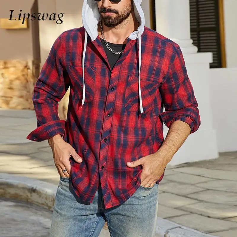 

2025 Autumn New Casual Men's Plaid Jacket Streetwear Vintage Buttoned Drawstring Hooded Shirt Cardigans Men Trendy Coat Jackets