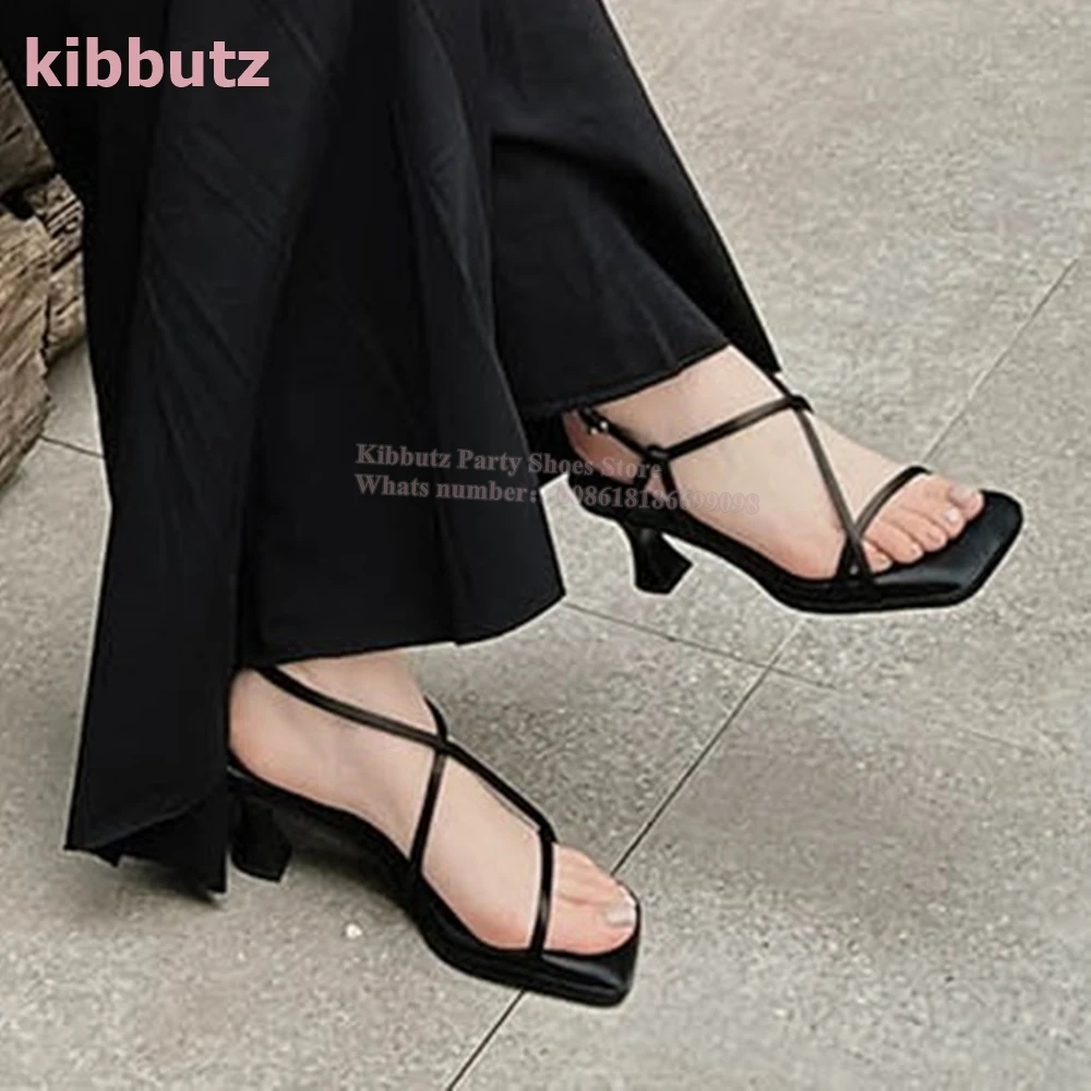 Ankle Cross Strap Sandals Genuine Leather Solid Color Square Toe Strange Heels Fashion Elegant Concise Sexy Women Shoes Newest