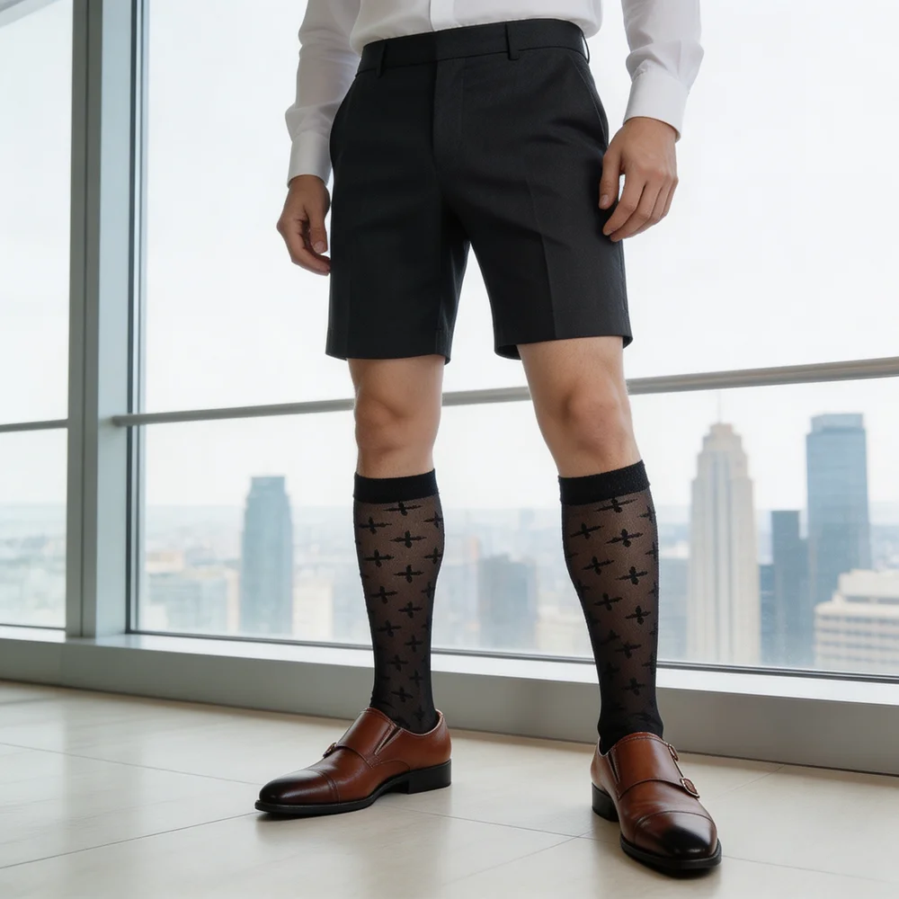 Men's Sheer Knee High Dress Socks Black Cross Pattern Business Formal Nylon Breathable Sexy Stockings for Suit Office Party