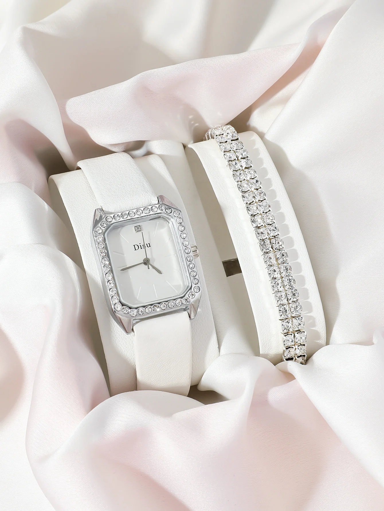 A White Woman Business Temperament Small Square Quartz Watch With Rhinestone. And A Two-Row Diamond Bracelet Set.