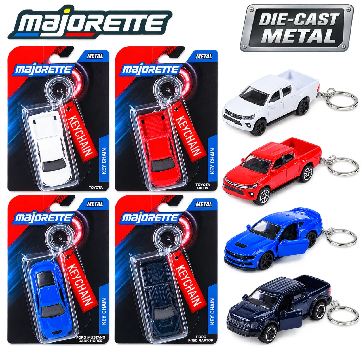 Majorette Diecast Car Model Keychain – Ford Raptor/Mustang Dark Horse/Toyota Hilux Revo Red&White Vehicle Keychain