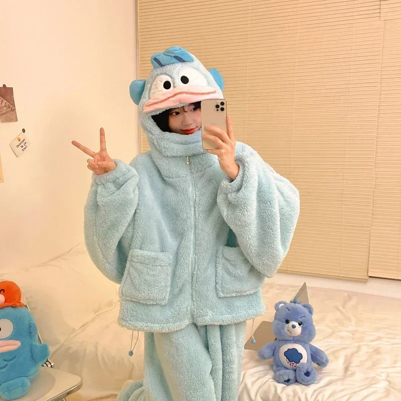 Sanrio pajamas   new winter thermal hooded pullover two-piece set cartoon Sanrio women's loungewear ugly fish women's pajamas