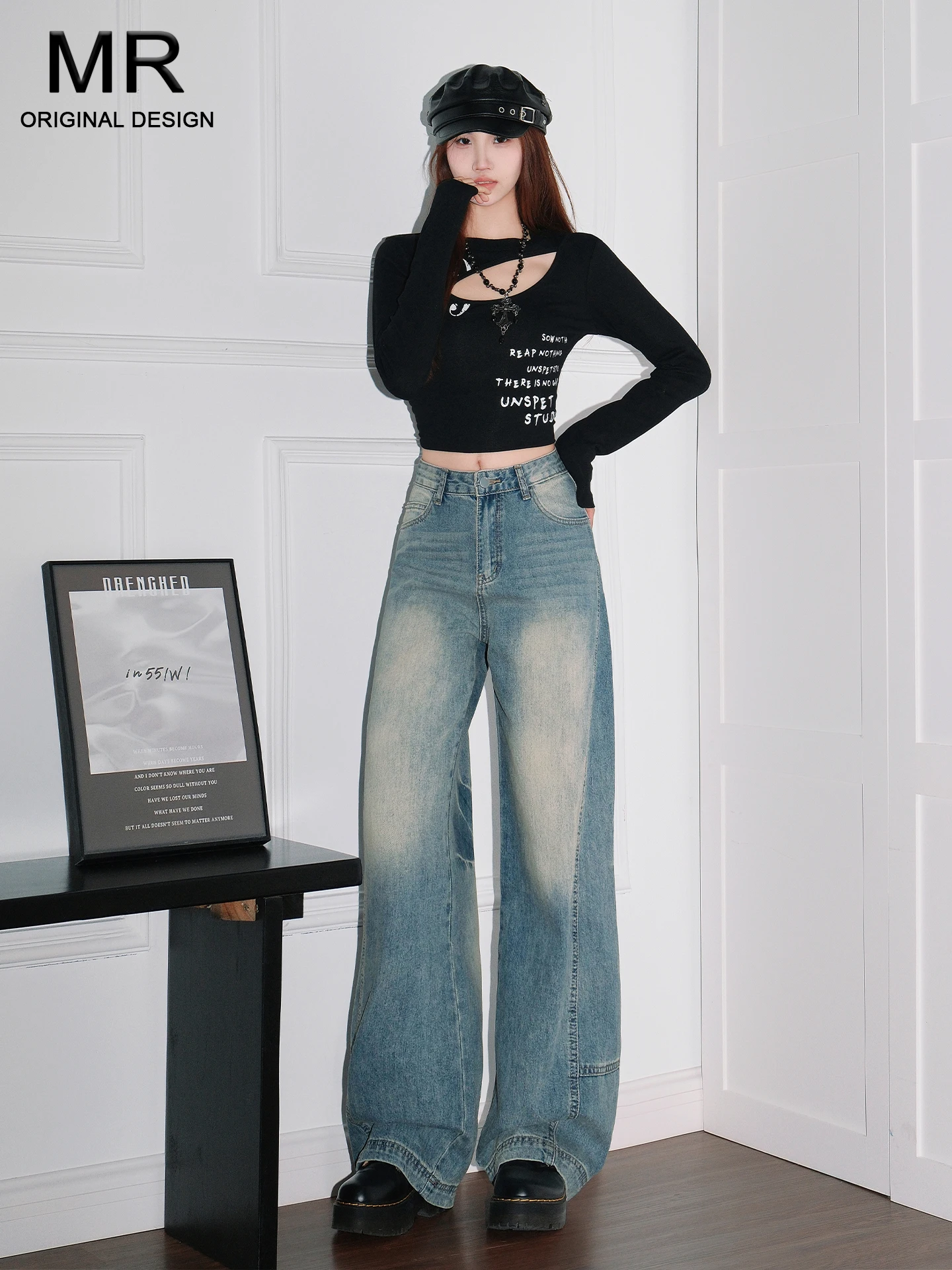 

Американские джинсы с высокой талией и широкими штанинами, синие, женские, свободные, стройнящие, струящиеся, повседневные, из хлопкового денима, весна-лето