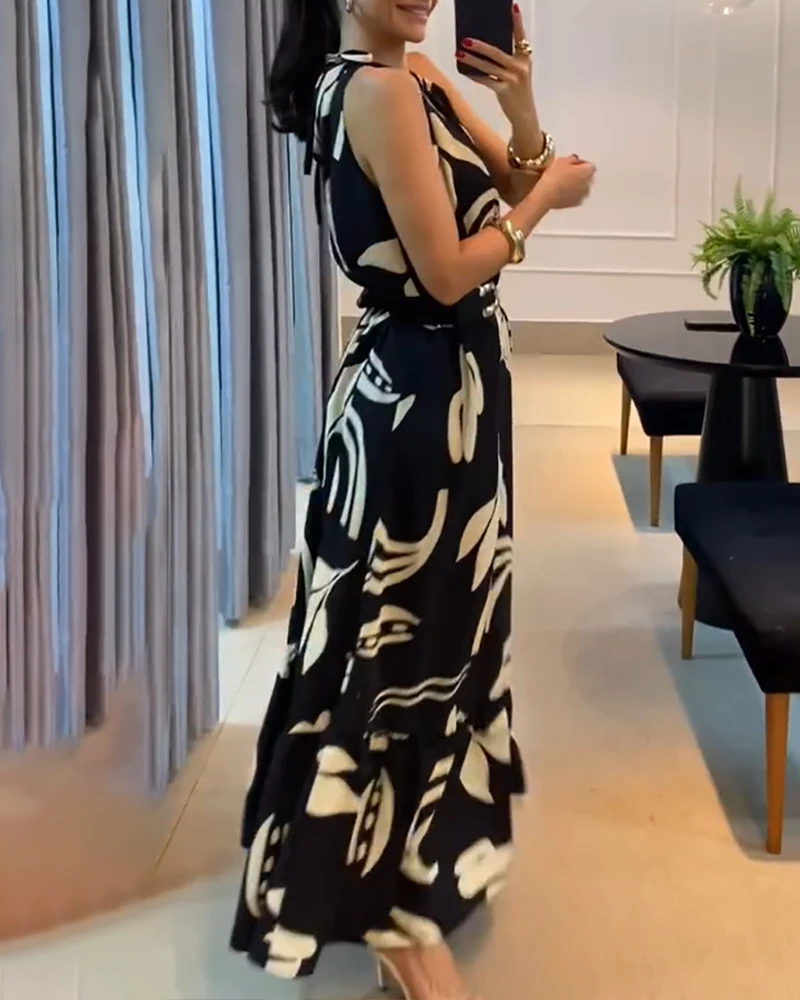 strandjurk vrouw 2025, zomer sexy elegante jurk voor vrouwen, bloemen mouwloze bladprint maxi-jurk, casual taille ketting decorjurk