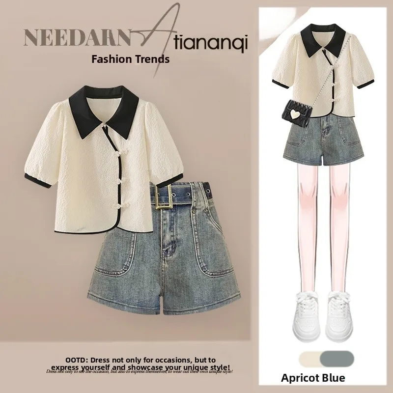 

Комплект в стиле ретро Китайской Республики: рубашка с коротким рукавом и воротником, джинсовые шорты с высокой талией и эффектом потертости, женский модный летний наряд