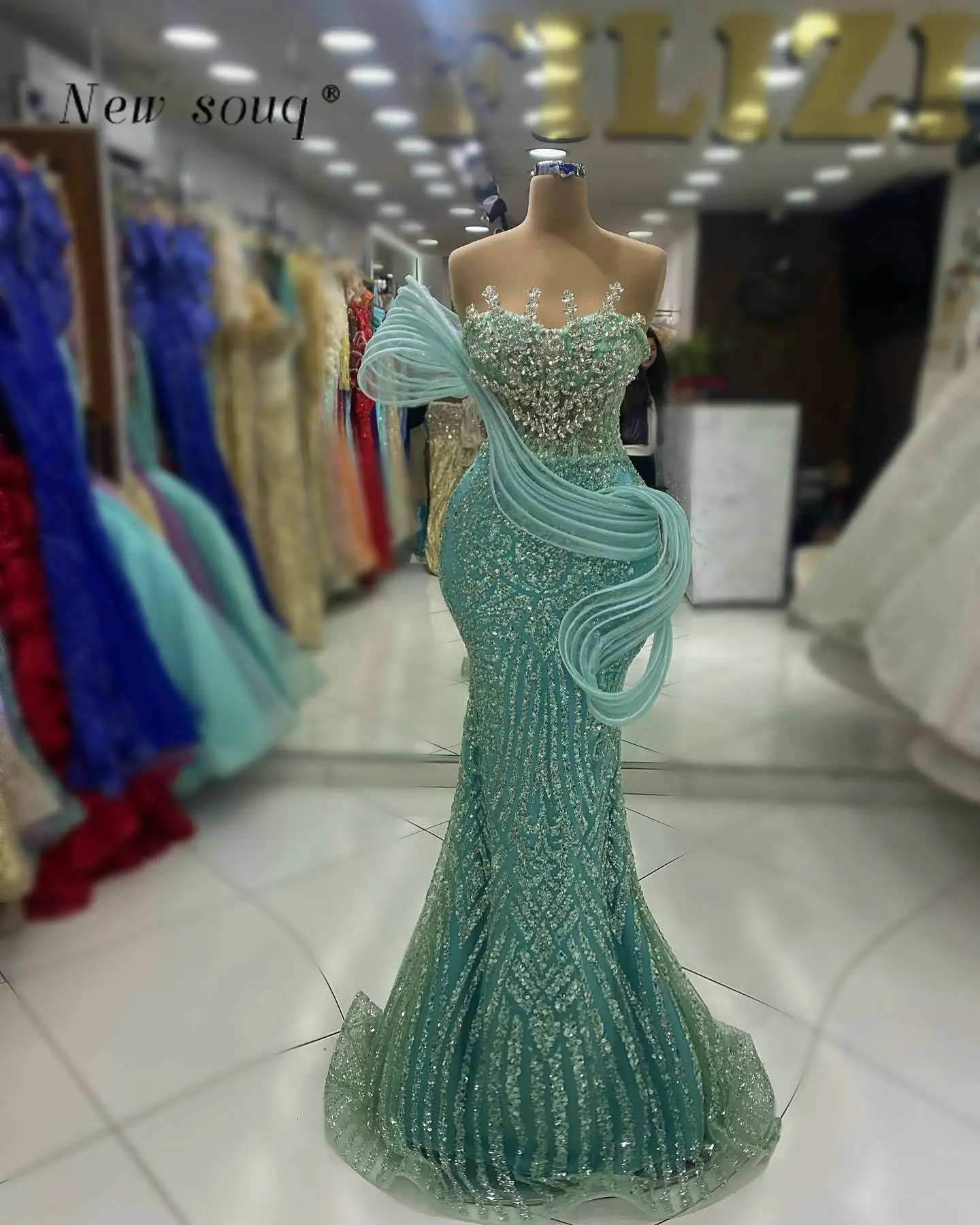 Long Glittering Mint Green Mermaid Evening Dresses with Silver Crystals Sweetheart Neck Women\'s Formal Party Vestidos De Gala