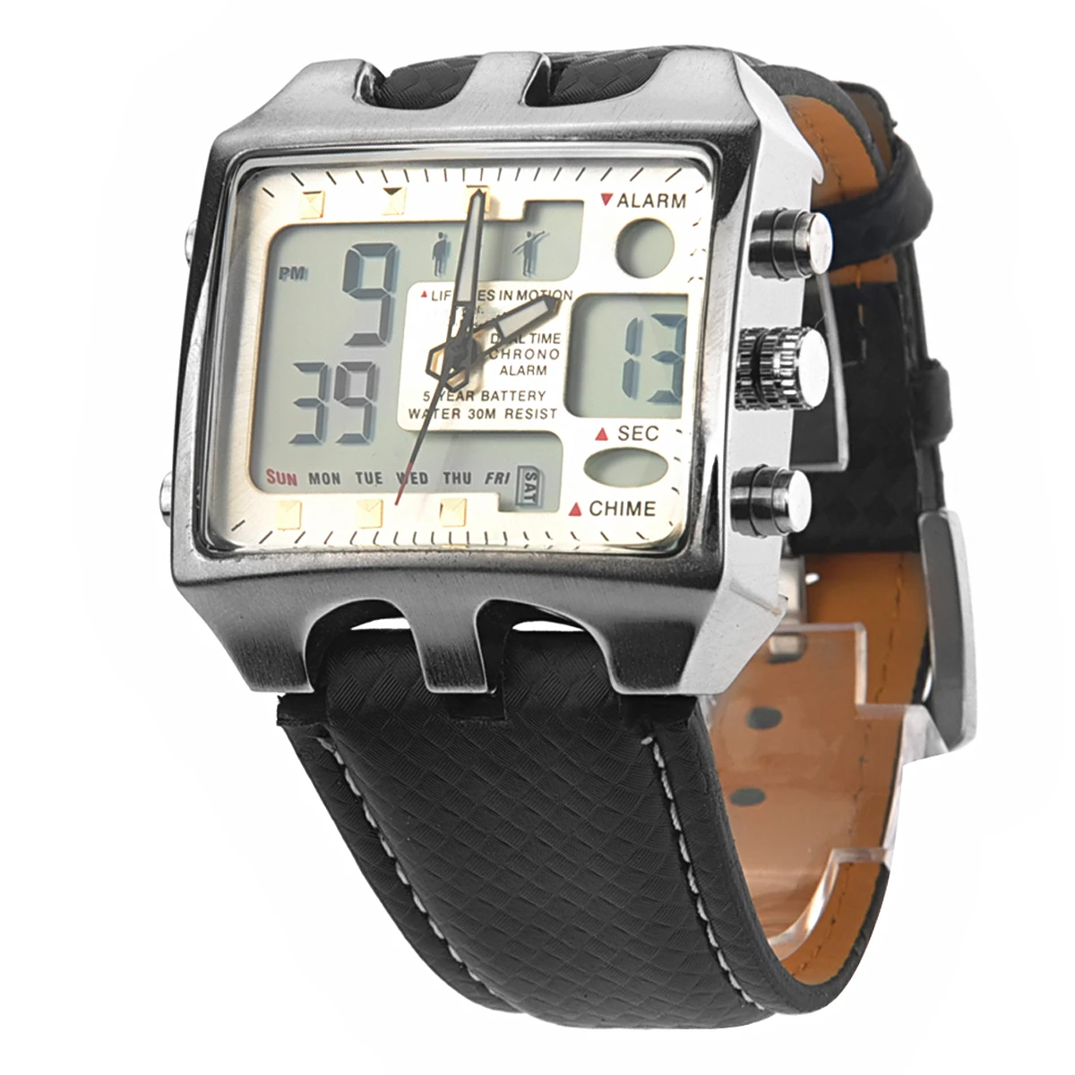 

Quartz Electronic Watch Men Dual Time LED Analog Waterproof Sports AD0930 White Dial 30M PU B Date Week Day Hour Minute