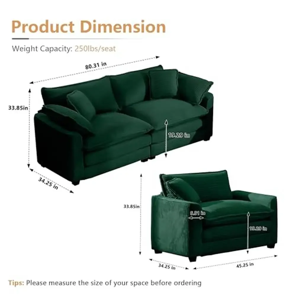 Modern Oversized 2-Piece Corduroy Living Room Sofa Set Loveseat & Single Sectional with Comfortable Memory Foam Cushions Four