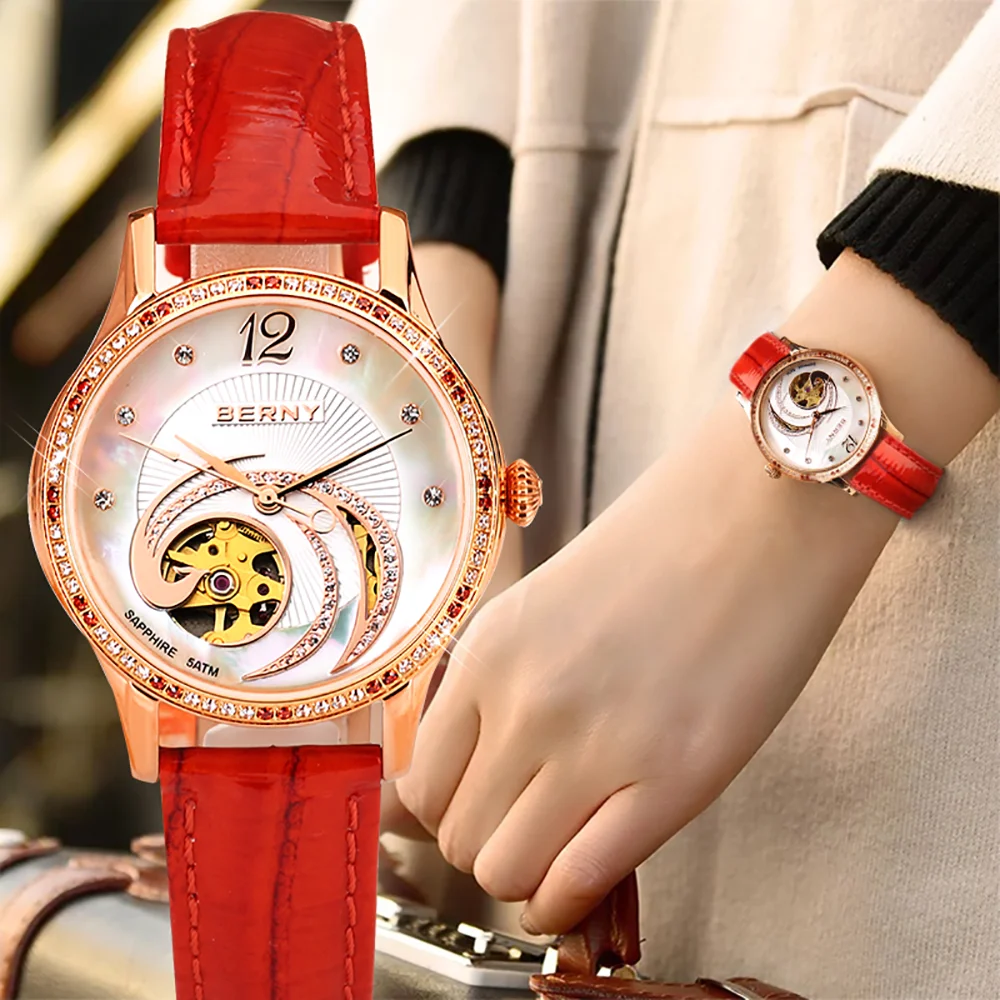 BERNY Automatic Self-winding Women Watch Skeleton Miyota Luxury Gold Watch Lady Sapphire Waterproof Mechanical Watch for Women