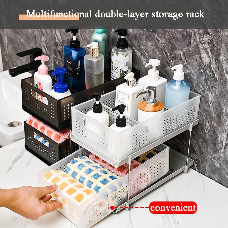 2 Tiers Storage Rack Multifunctional Drawer Style with Handle Dividers for Kitchen Bathroom Living Room Storage Basket Organizer