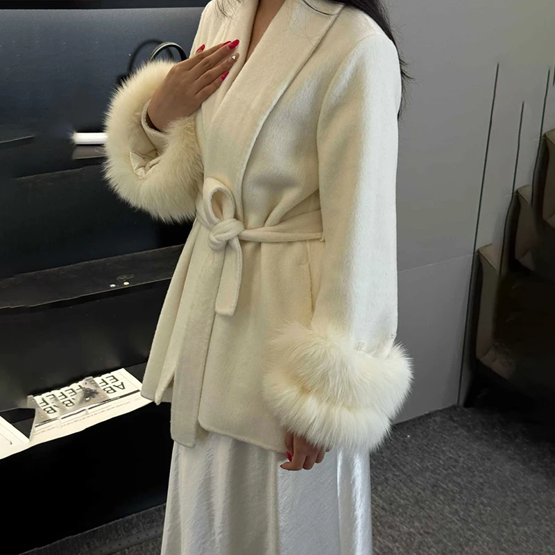 

Tornova Luxury Fox Fur Wool Jacket Coat Women Double-Layer Fur Cuffs Removable Elegant Overcoat Winter Cardigan Jacket 2025 New