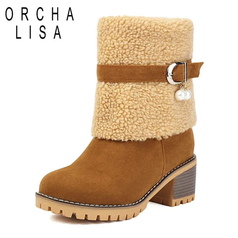 

ORCHA LISA 2025 Замшевые женские сапоги до середины икры из флока с круглым носком и блочным каблуком 5,5 см, без шнуровки с пряжкой на ремне, большие размеры 41 42 43 Daily Bota