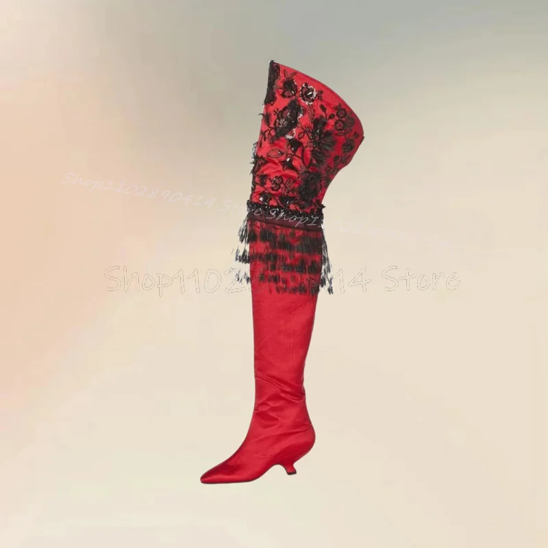 

Black Embroidery Design Red Strange Style Heels Boots Back Zipper Women Shoes Pointed Toe Fashion Party 2024 Zapatos Para Mujere