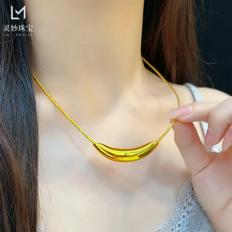 

9999 24K real gold luxury jewelry necklace for women crescent pendant collar collar chain niche design for girlfriend gift