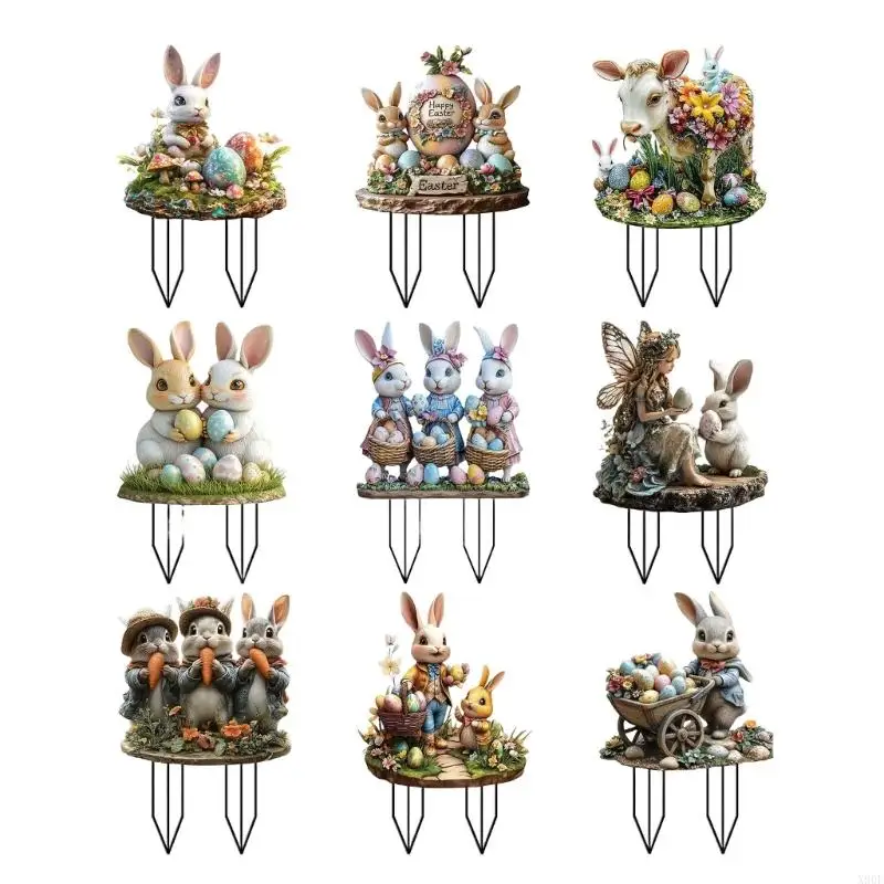 X90F Outdoor Decoration Garden Stake Easter Eggs Rabbit dan Cow Rabbit Sign Outdoor