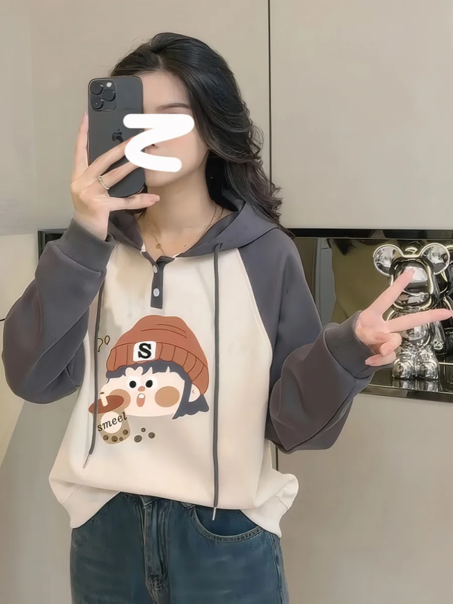 

Женская толстовка больших размеров с принтом, свободный крой, скрывающий недостатки фигуры, модный тренд весны 2023, корейский стиль, с длинным рукавом, повседневная одежда