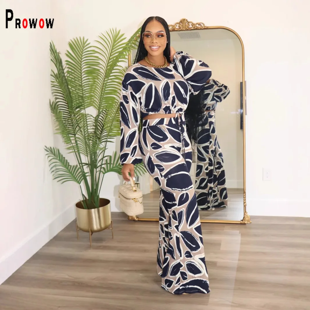 Prowow Fashion Print Women Clothing Set Long Sleeve Cropped Tops High Waist Wide Leg Pant 2 Piece Matching Suits Slim Outfits