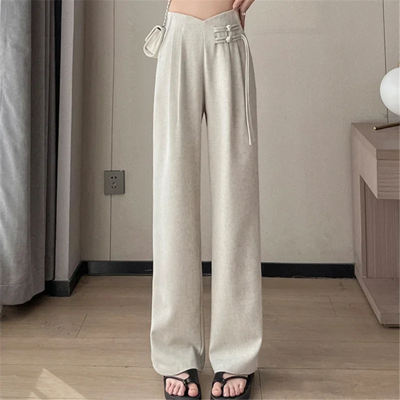 Cotton and Linen Pants for Women 2024 Spring Summer Retro Chinese Style High Waist Full Length Straight Casual Pants Female