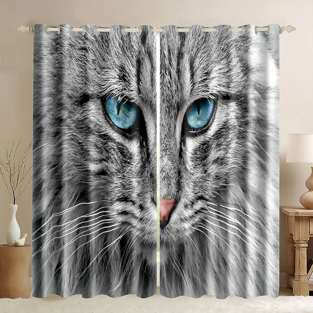 Cats Curtains 3D Animals Pattern Window Curtains Majestic Blue-eyed Tabby Cat Pet Cat Kitten Orange Black Blackout Curtains